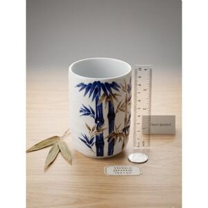 Blue Bamboo Ceramic Tea Cup Ribbed White Porcelain Handleless Sake Tumbler